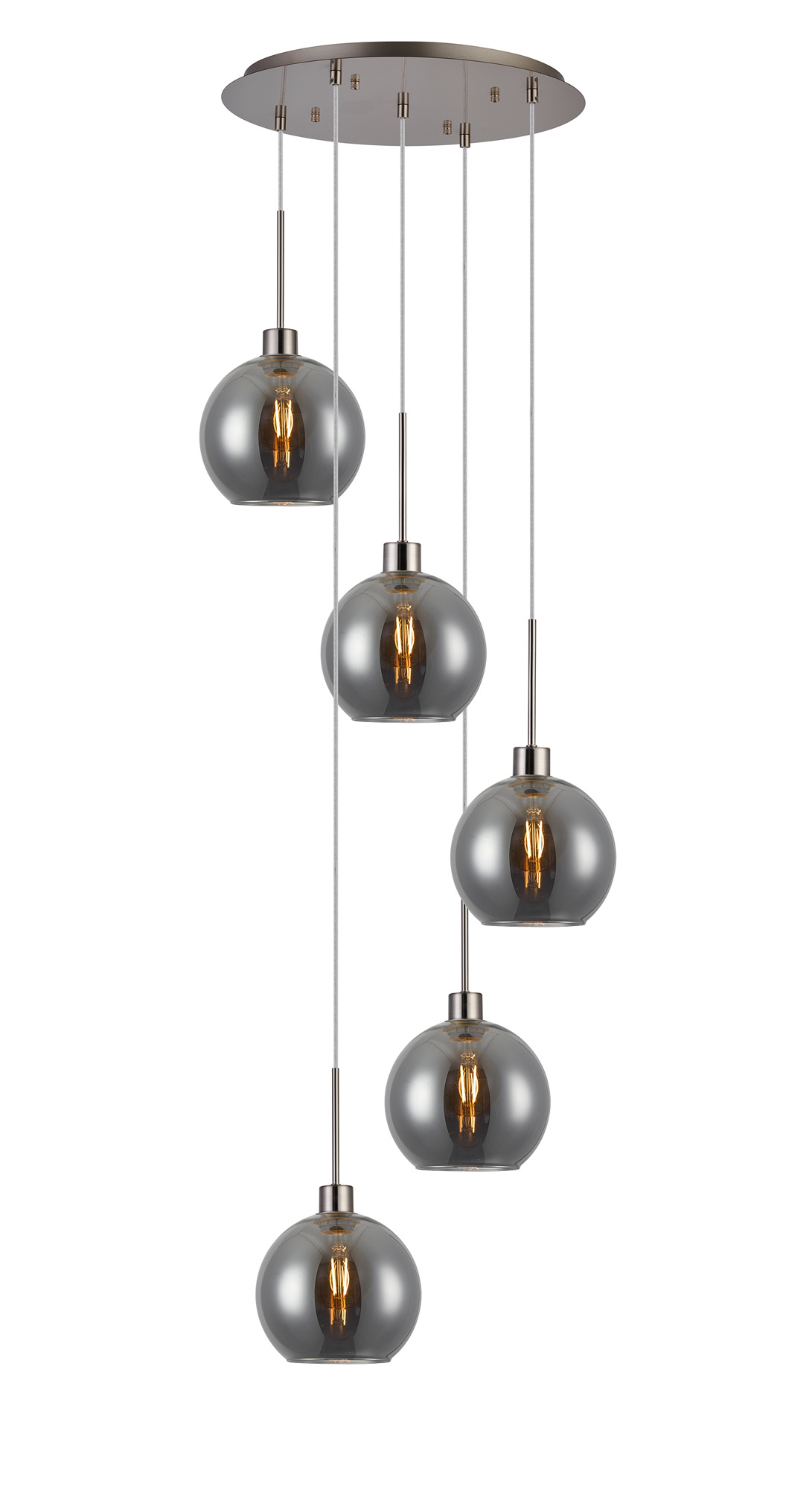 DK1382  Lori 45cm Round Pendant, 5 Light Adjustable E27, Satin Nickel/Smoke Open Mouth Round Globe Shades